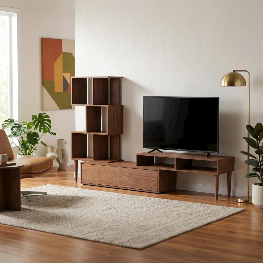 Modern TV Stand with Black Finish, Spacious Storage and Open Shelves. Picture 2