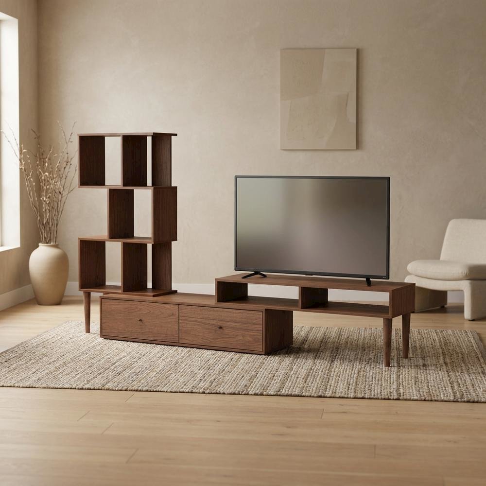 Modern TV Stand with Black Finish, Spacious Storage and Open Shelves. Picture 3