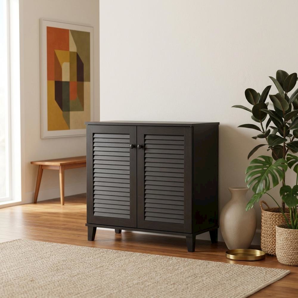 Brown Enclosed Shoe Cabinet, Engineered Wood, Espresso Finish, Entryway. Picture 3