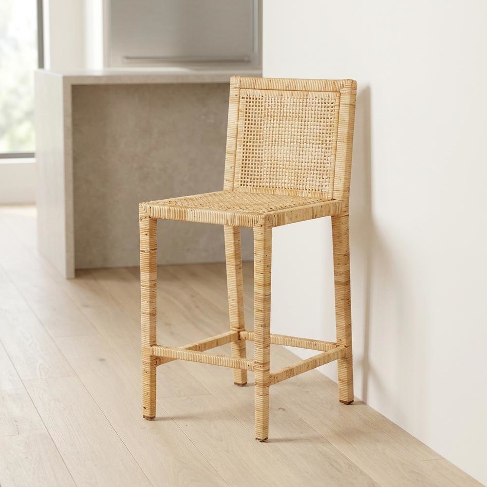 Contemporary Natural Finished Wood and Rattan Counter Stool with Mahogany Frame. Picture 2