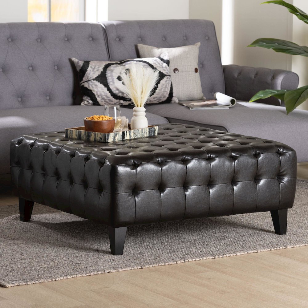 Baxton Studio Pemberly Dark Brown Bonded Leather Square Ottoman. Picture 6
