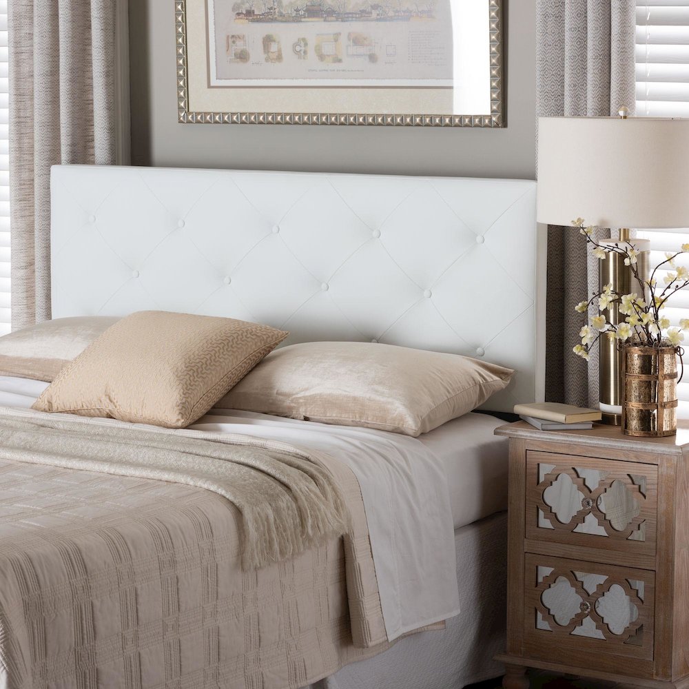 Queen White Faux Leather Upholstered Headboard. Picture 5
