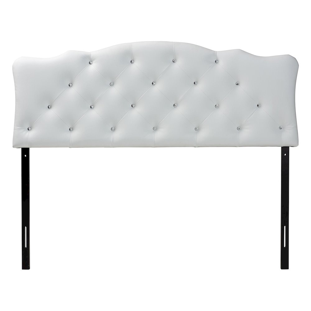 Full Size White Faux Leather Upholstered Button-tufted Scalloped Headboard. Picture 3