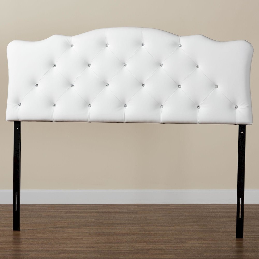 Full Size White Faux Leather Upholstered Button-tufted Scalloped Headboard. Picture 6