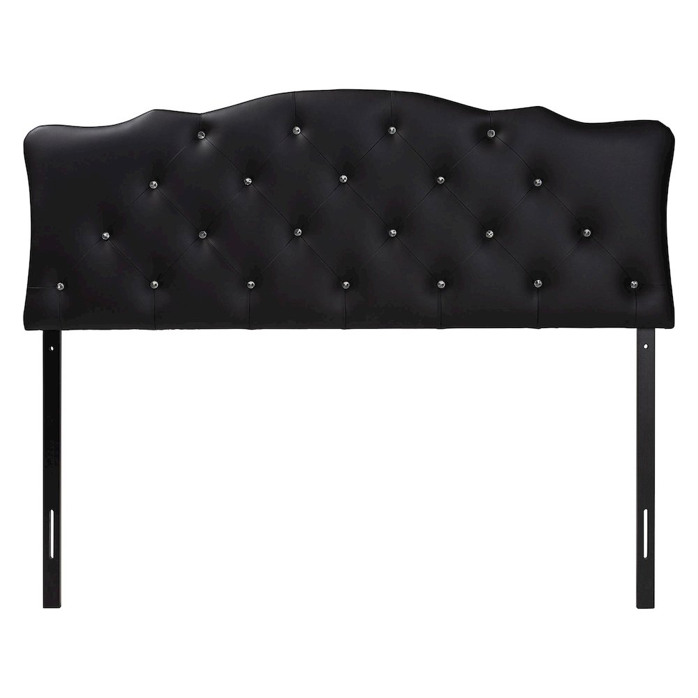 Queen Size Black Faux Leather Upholstered Button-tufted Scalloped Headboard. Picture 3