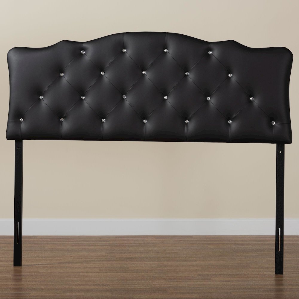 Queen Size Black Faux Leather Upholstered Button-tufted Scalloped Headboard. Picture 6