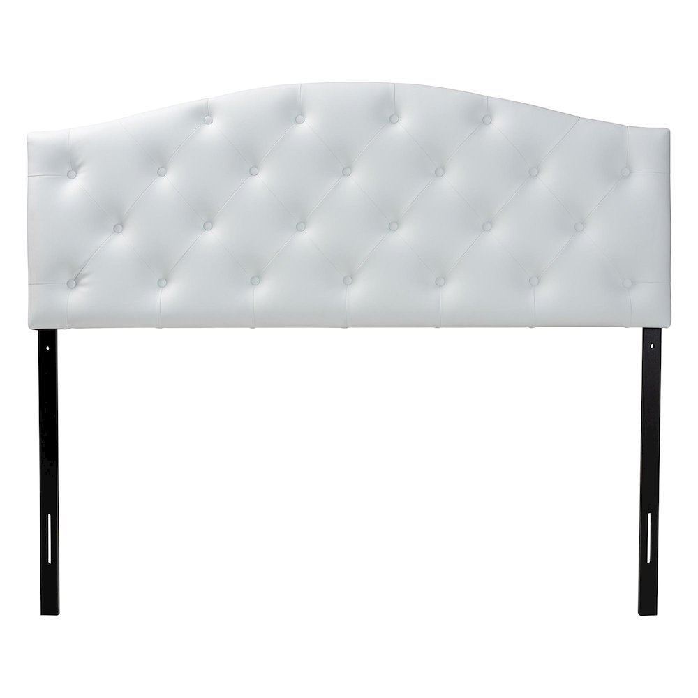 Queen Size White Faux Leather Upholstered Button-tufted Scalloped Headboard. Picture 3