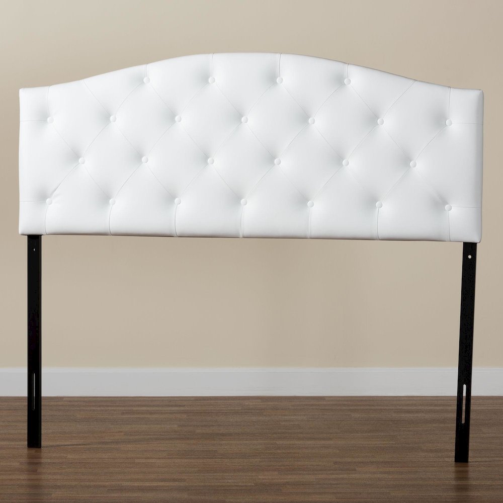 Queen Size White Faux Leather Upholstered Button-tufted Scalloped Headboard. Picture 6