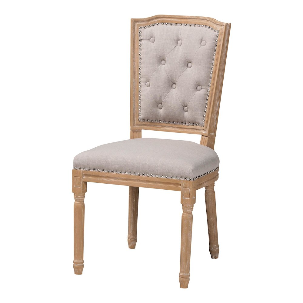 Cottage Weathered Oak Beige Fabric Button-tufted Upholstered Dining Chair. Picture 10