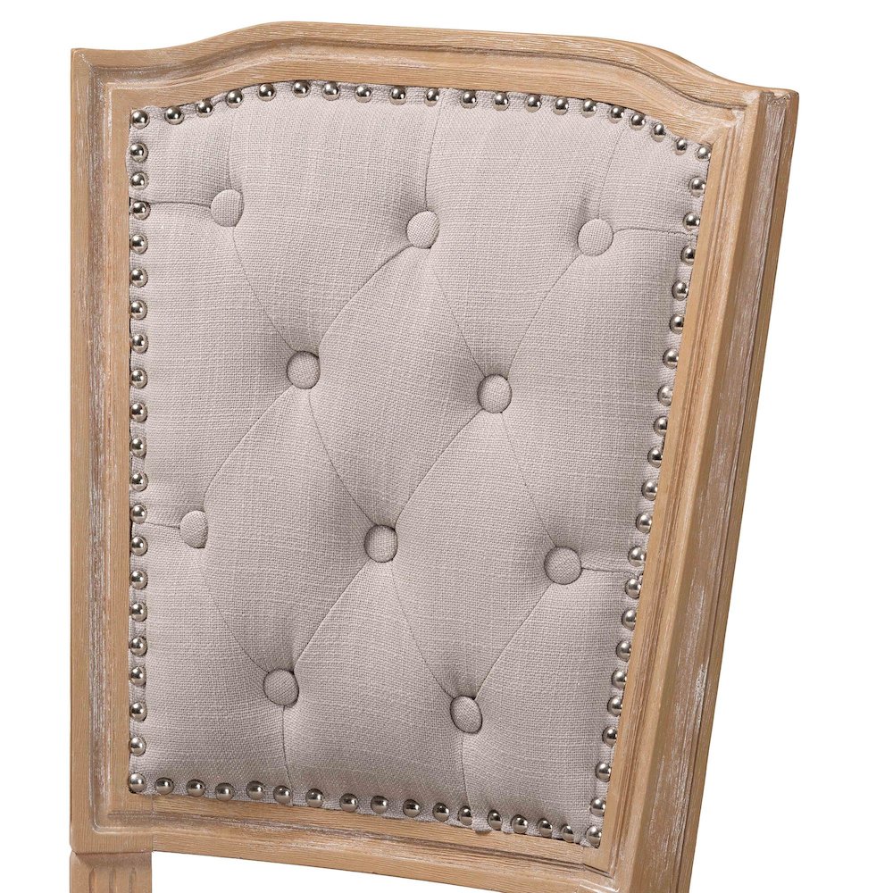 Cottage Weathered Oak Beige Fabric Button-tufted Upholstered Dining Chair. Picture 14