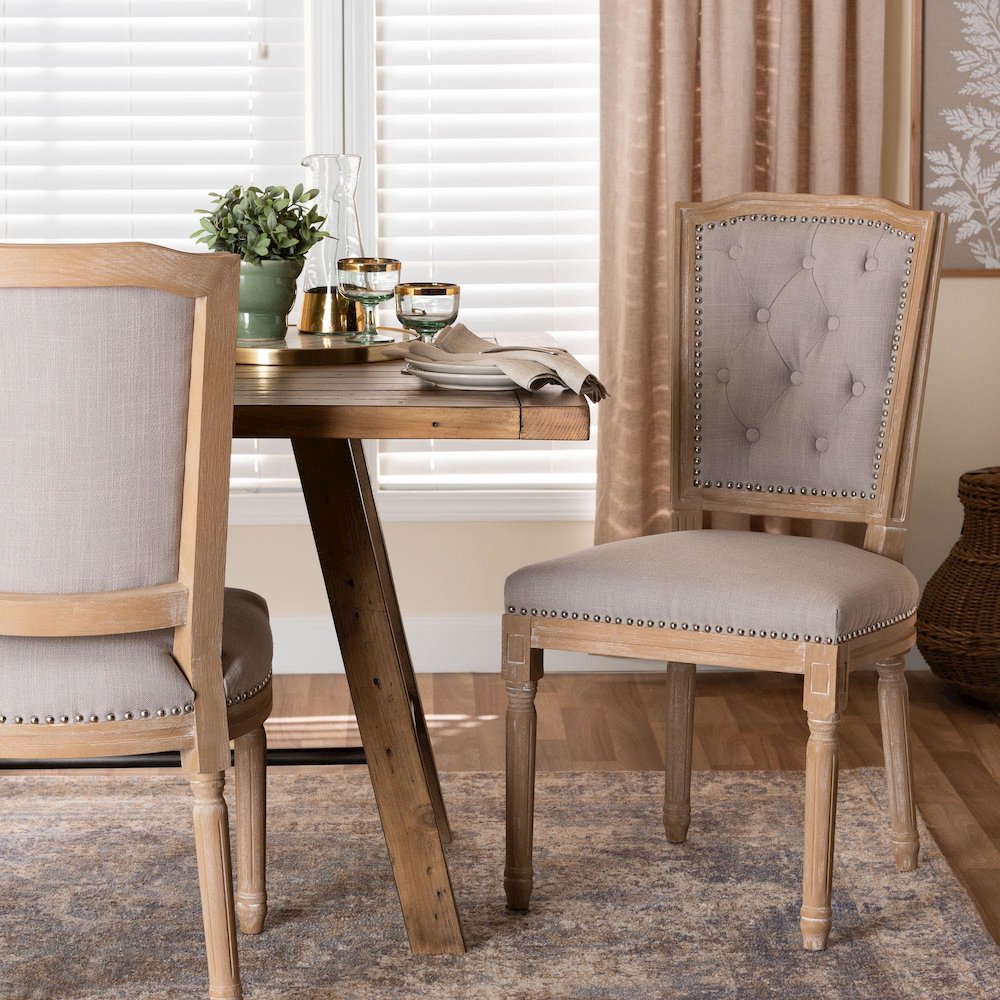 Cottage Weathered Oak Beige Fabric Button-tufted Upholstered Dining Chair. Picture 17