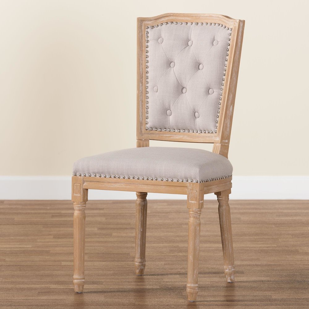 Cottage Weathered Oak Beige Fabric Button-tufted Upholstered Dining Chair. Picture 18