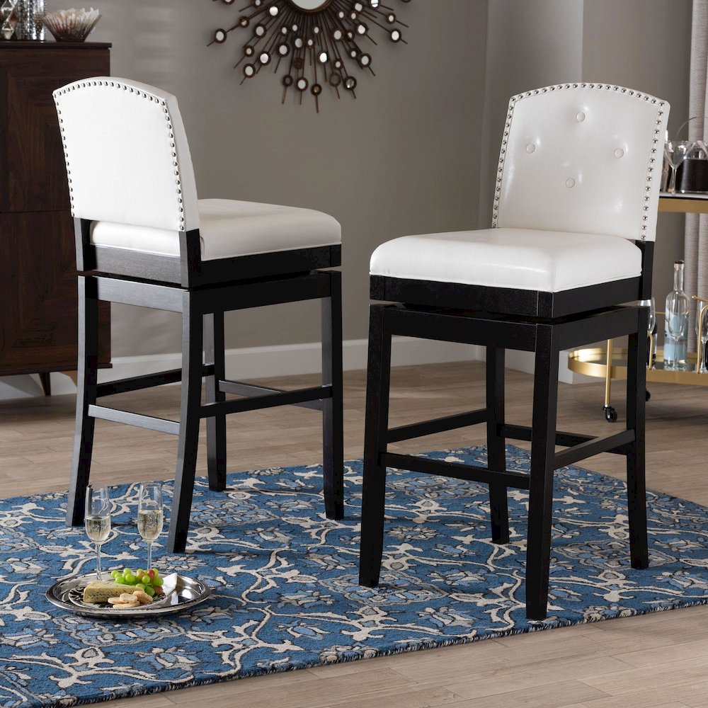 White Faux Leather Button-tufted Upholstered Swivel Bar Stool (Set of 2). Picture 16