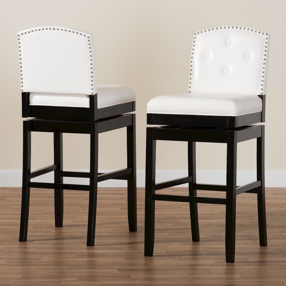 White Faux Leather Button-tufted Upholstered Swivel Bar Stool (Set of 2). Picture 17
