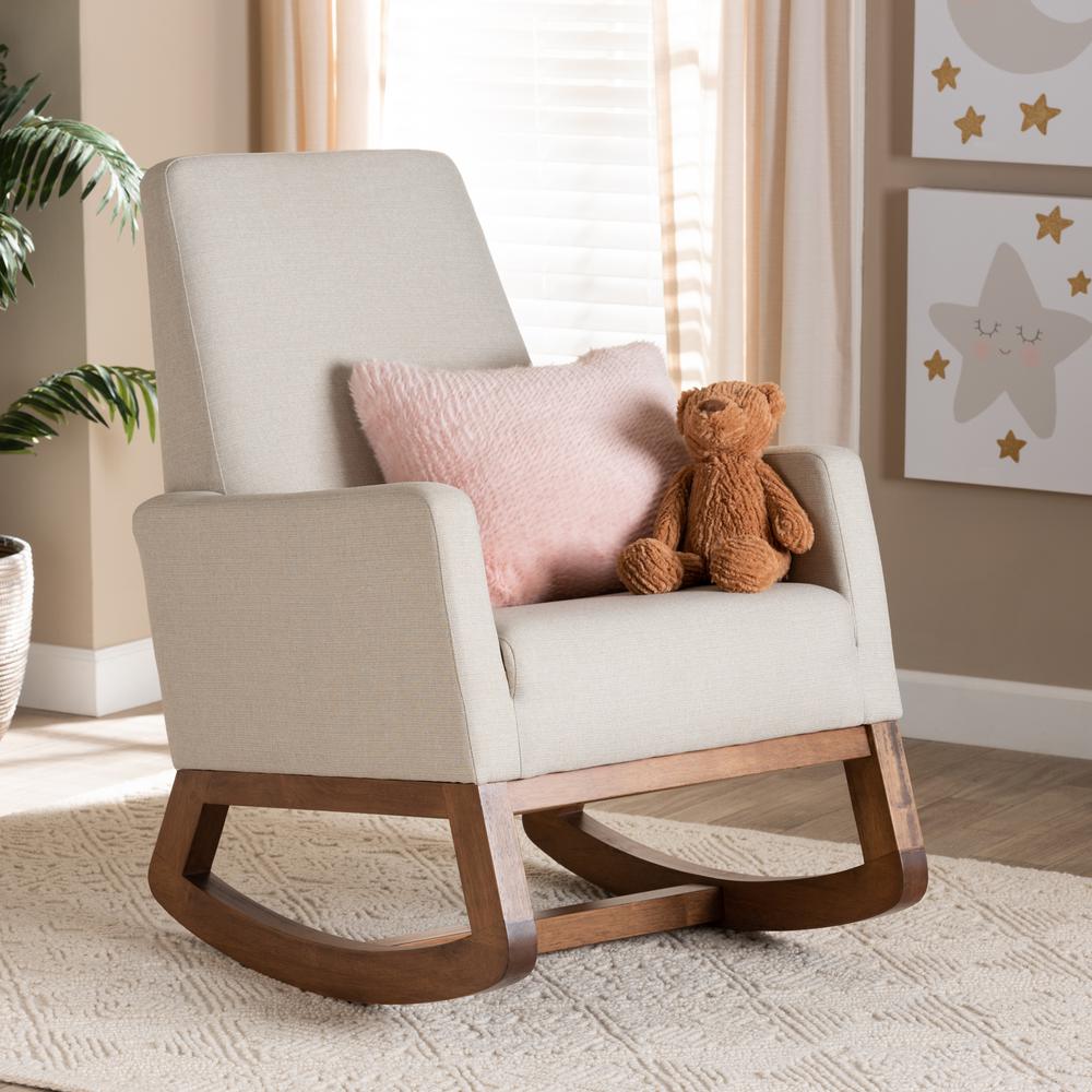 Yashiya Mid-century Retro Modern Light Beige Fabric Upholstered Rocking Chair. Picture 16