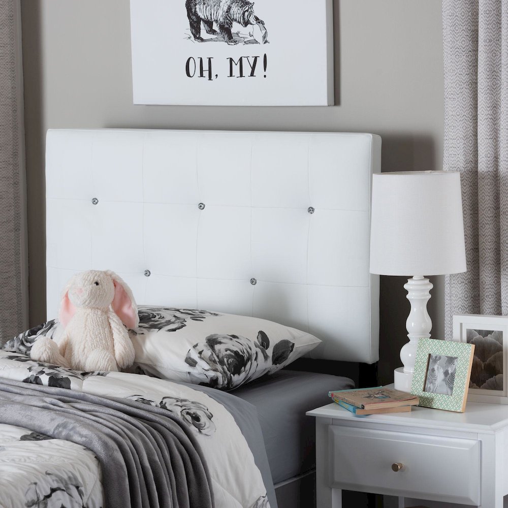 White Faux Leather Upholstered Twin Size Headboard. Picture 5