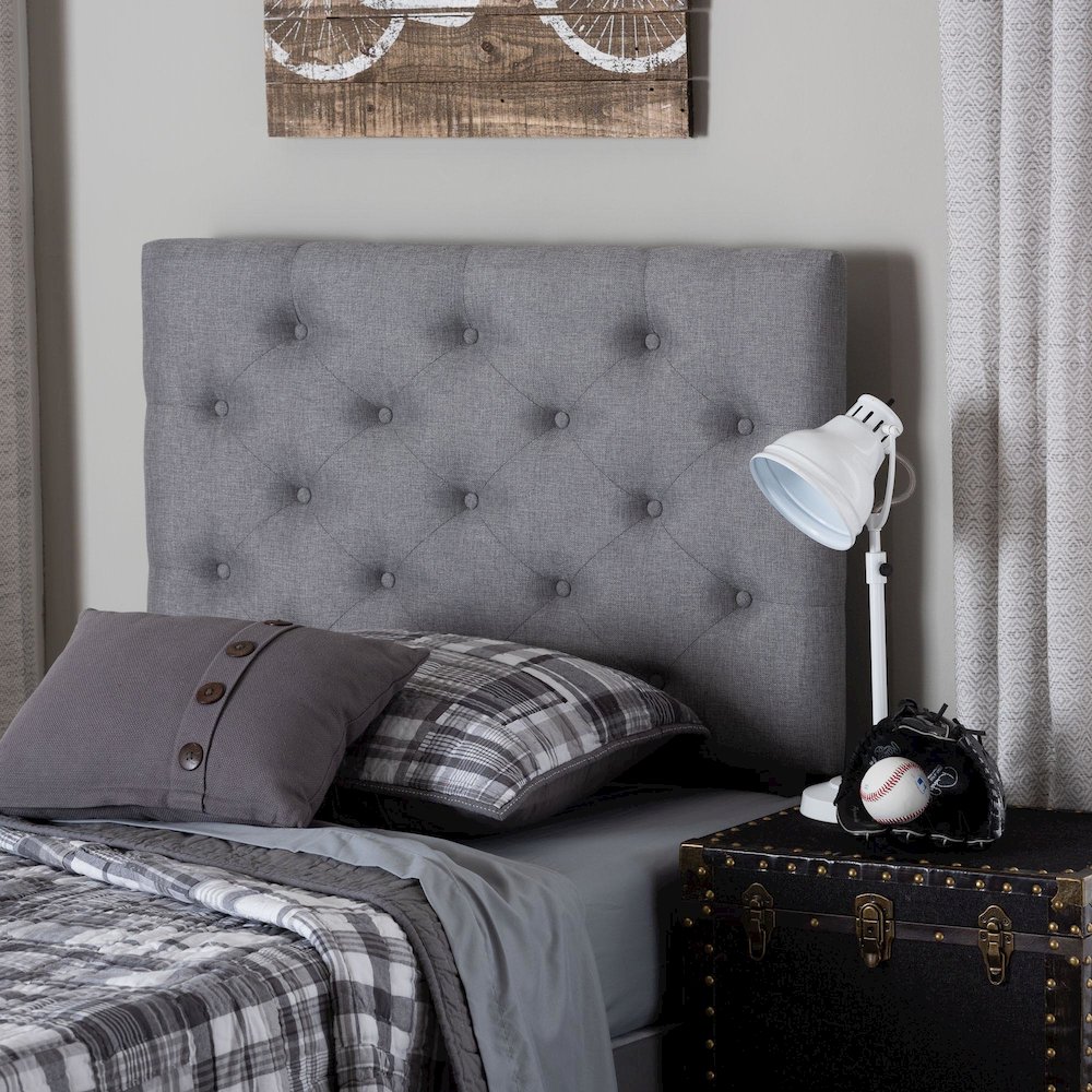 Grey Fabric Upholstered Button-Tufted Twin Size Headboard. Picture 5