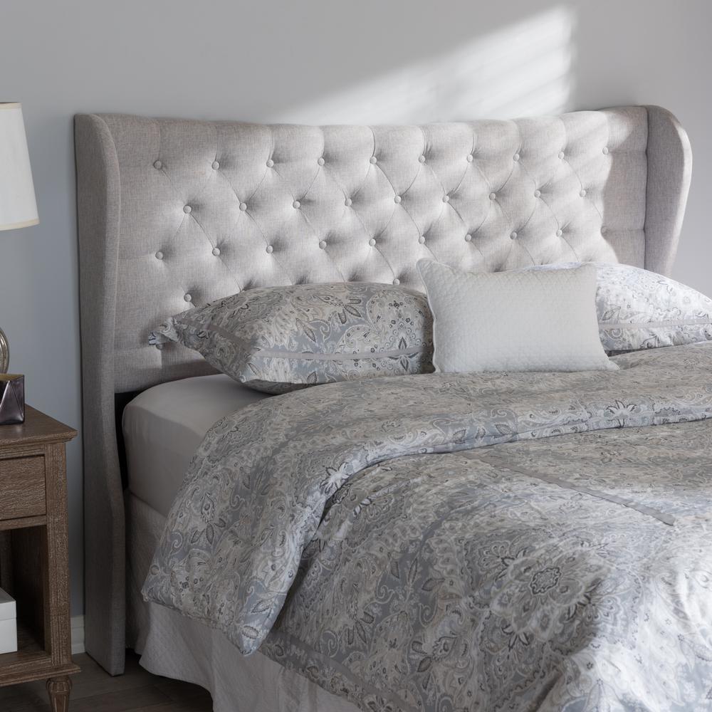 Cadence Modern and Contemporary Greyish Beige Fabric Button-Tufted King Size Winged Headboard. Picture 5