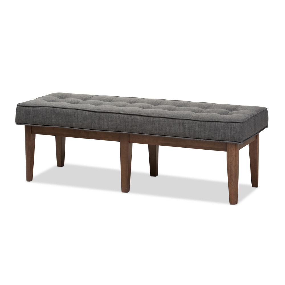 Lucca Mid-Century Modern Walnut Wood Dark Grey Fabric Button-Tufted Bench. Picture 9