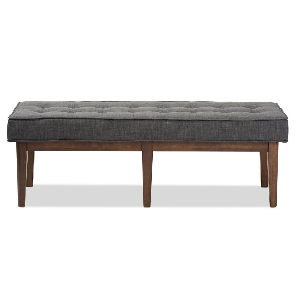 Lucca Mid-Century Modern Walnut Wood Dark Grey Fabric Button-Tufted Bench. Picture 10