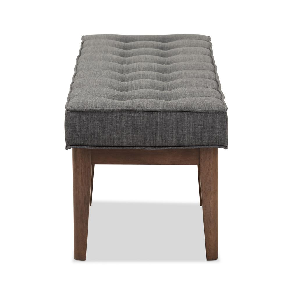 Lucca Mid-Century Modern Walnut Wood Dark Grey Fabric Button-Tufted Bench. Picture 11