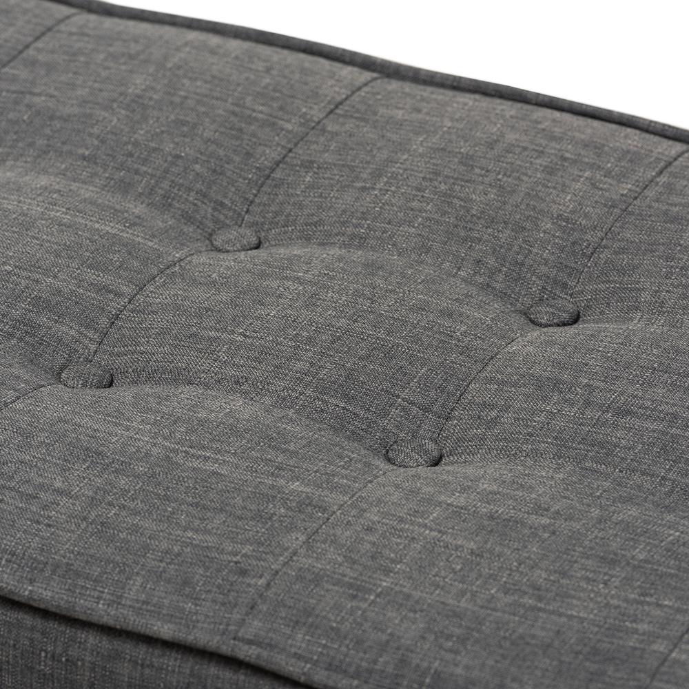 Lucca Mid-Century Modern Walnut Wood Dark Grey Fabric Button-Tufted Bench. Picture 12