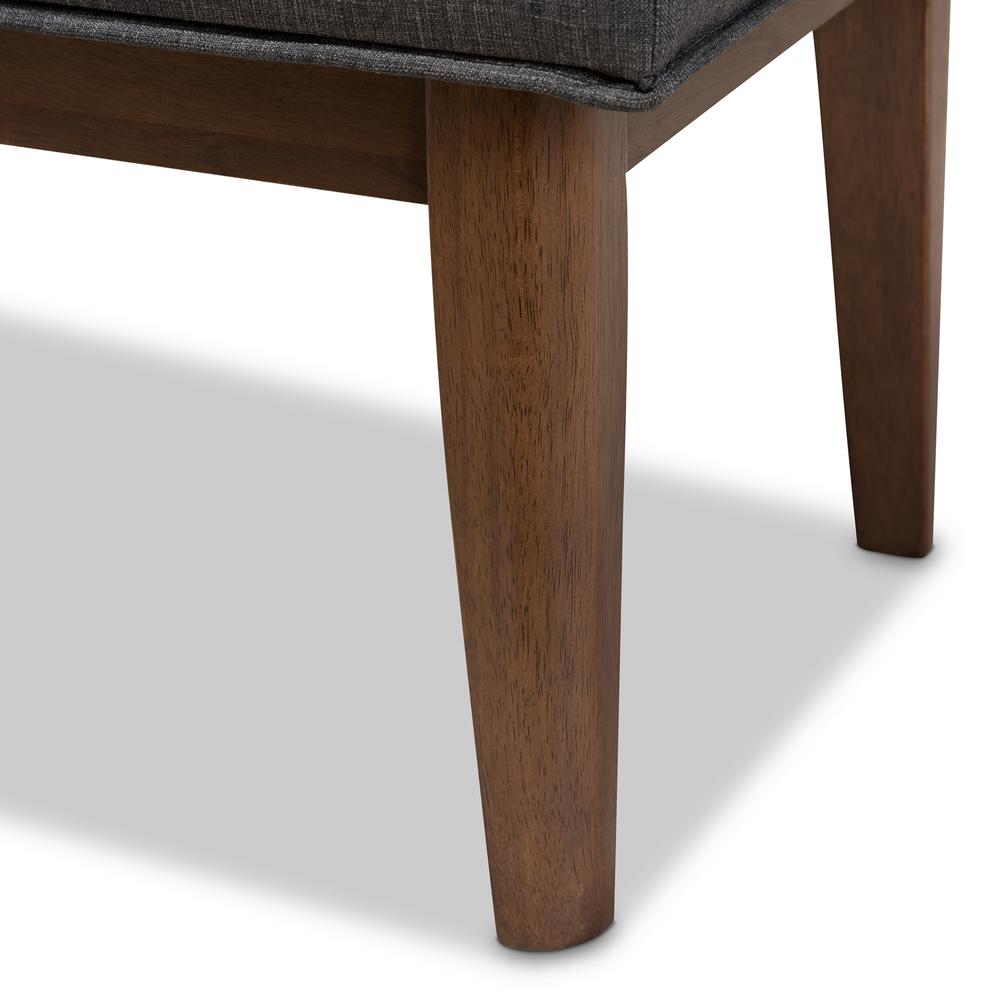 Lucca Mid-Century Modern Walnut Wood Dark Grey Fabric Button-Tufted Bench. Picture 13