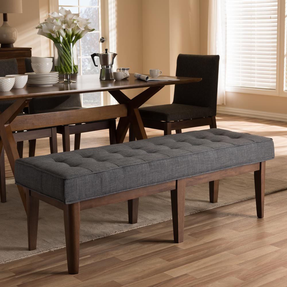 Lucca Mid-Century Modern Walnut Wood Dark Grey Fabric Button-Tufted Bench. Picture 14