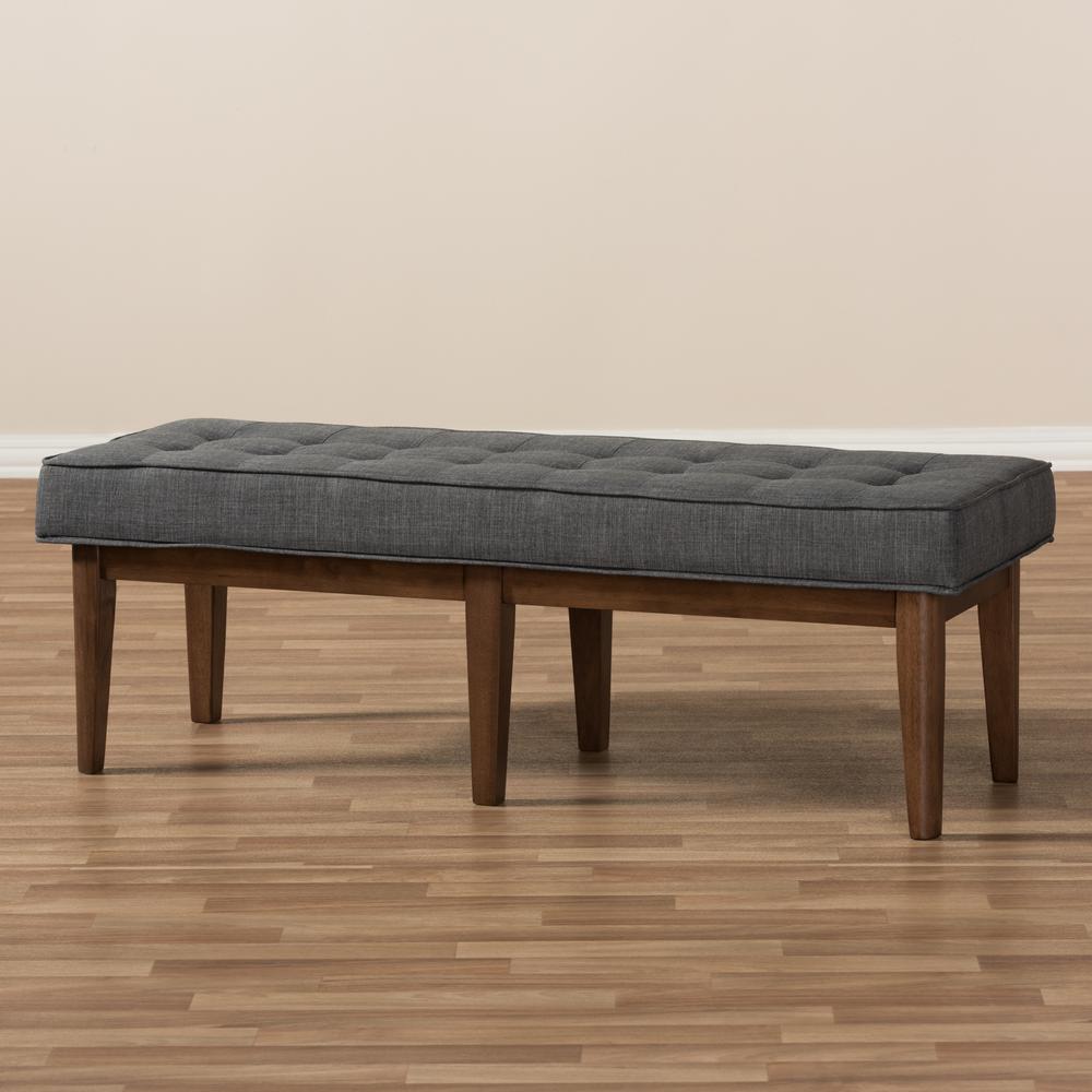 Lucca Mid-Century Modern Walnut Wood Dark Grey Fabric Button-Tufted Bench. Picture 15