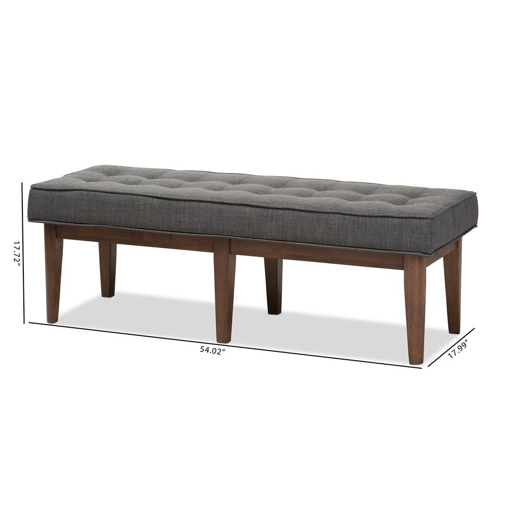 Lucca Mid-Century Modern Walnut Wood Dark Grey Fabric Button-Tufted Bench. Picture 16