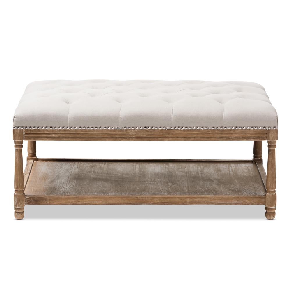 Country Weathered Oak Beige Linen Rectangular Coffee Table Ottoman. Picture 10
