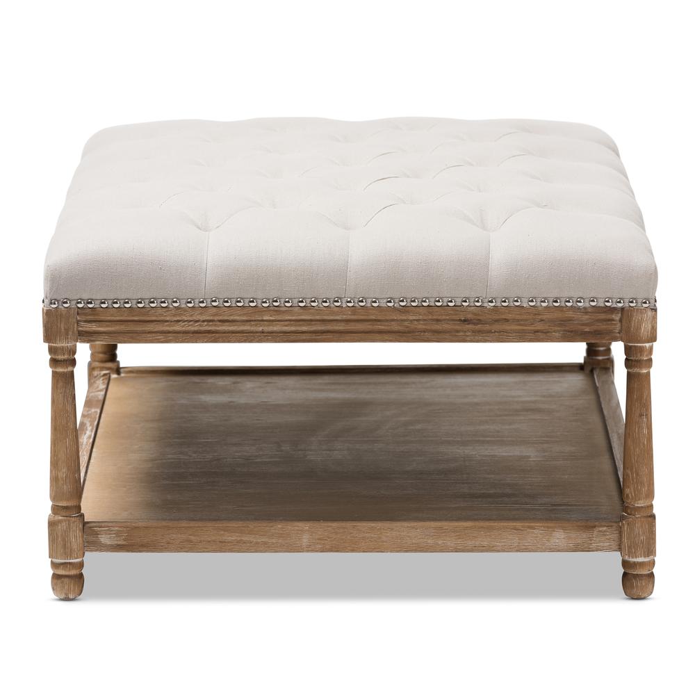 Country Weathered Oak Beige Linen Rectangular Coffee Table Ottoman. Picture 11