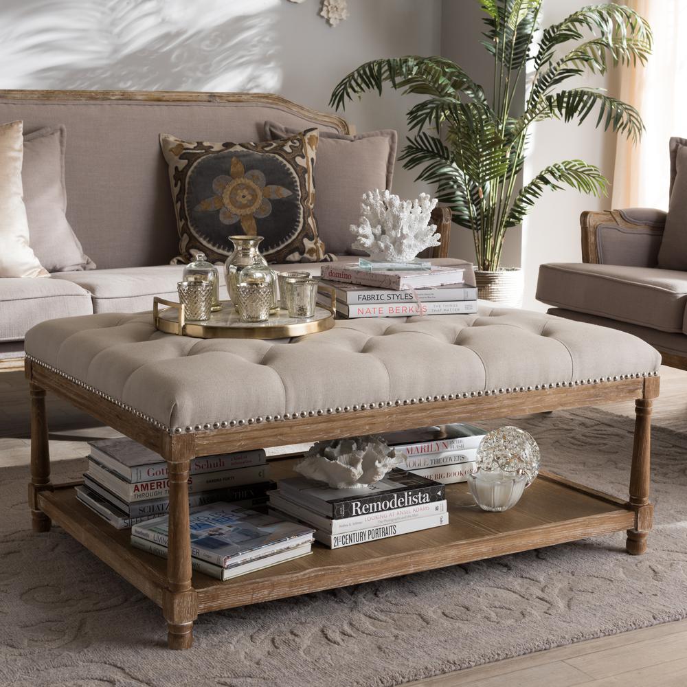 Country Weathered Oak Beige Linen Rectangular Coffee Table Ottoman. Picture 14
