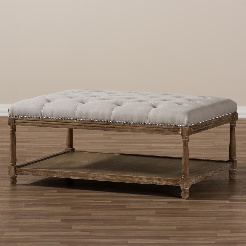 Country Weathered Oak Beige Linen Rectangular Coffee Table Ottoman. Picture 15