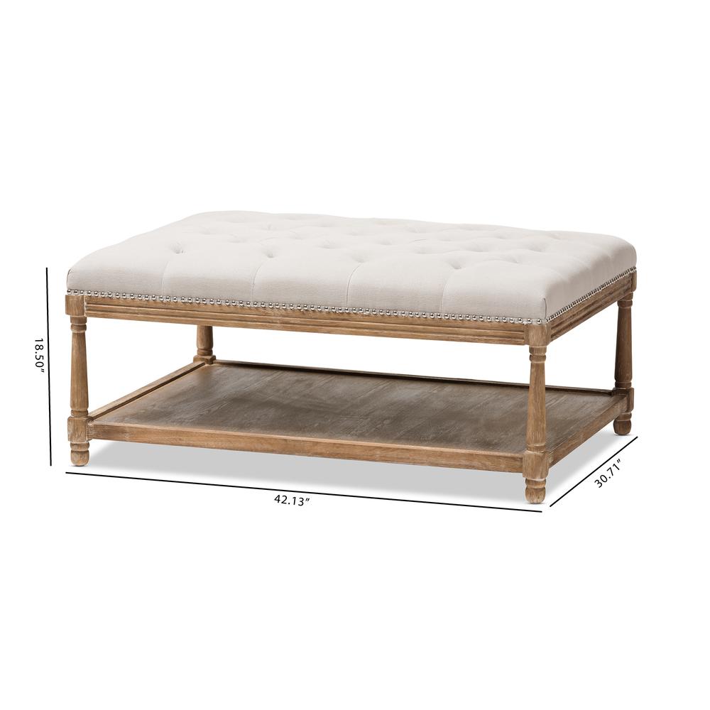 Country Weathered Oak Beige Linen Rectangular Coffee Table Ottoman. Picture 16