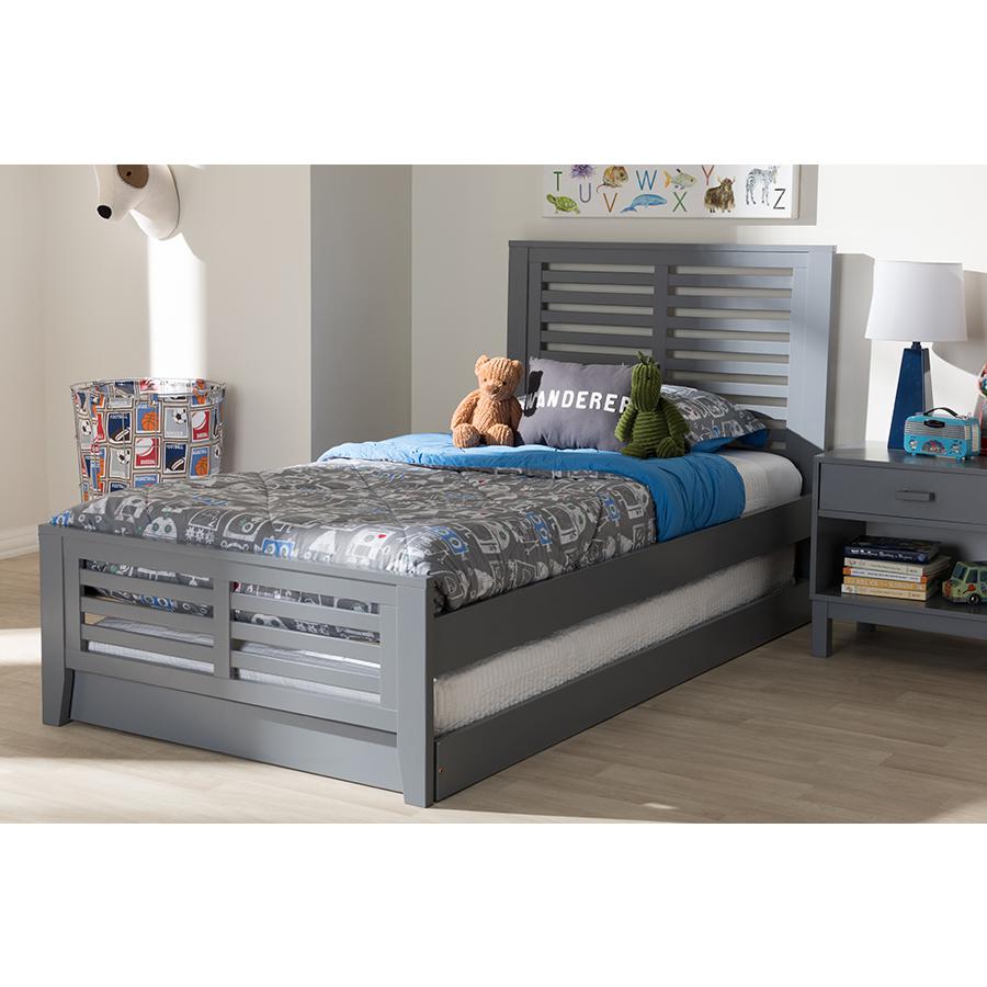 Classic Mission Style Grey-Finished Wood Twin Platform Bed with Trundle. Picture 12