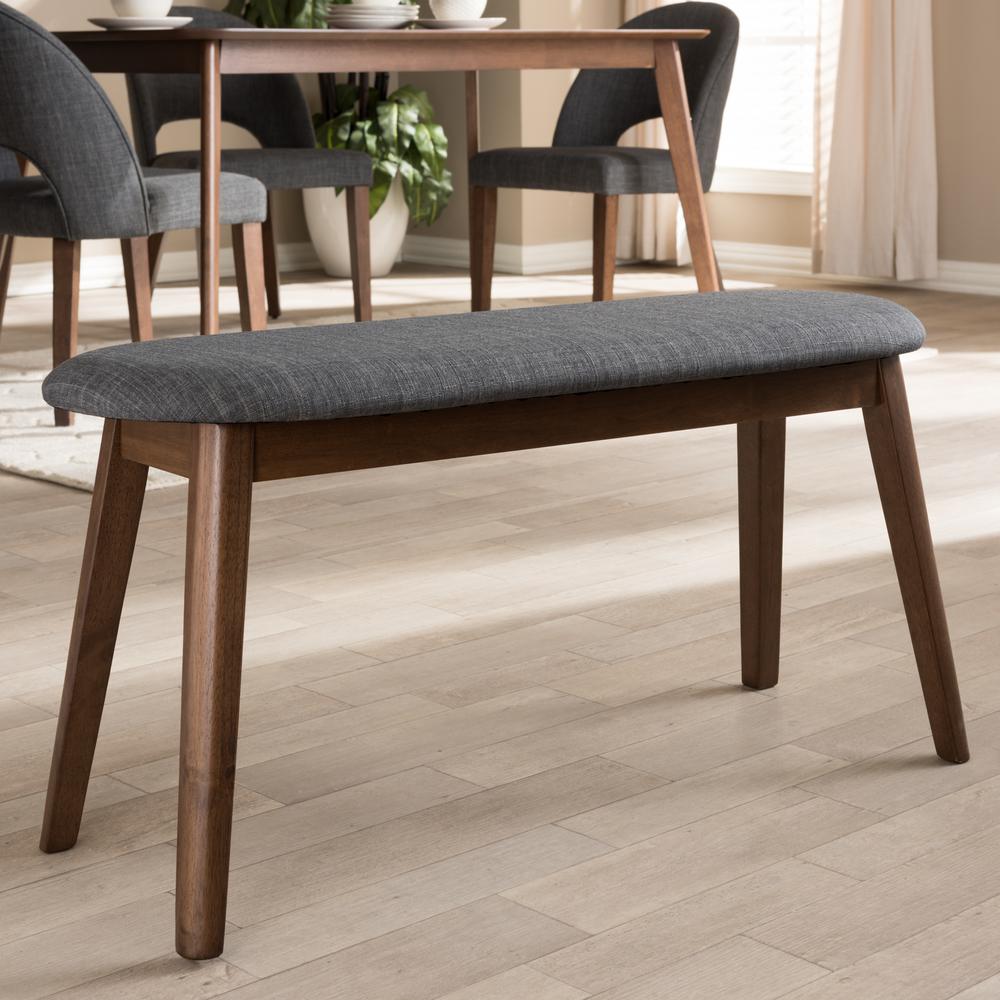 Dark Grey Fabric Upholstered Walnut Finished Wood Bench. Picture 14