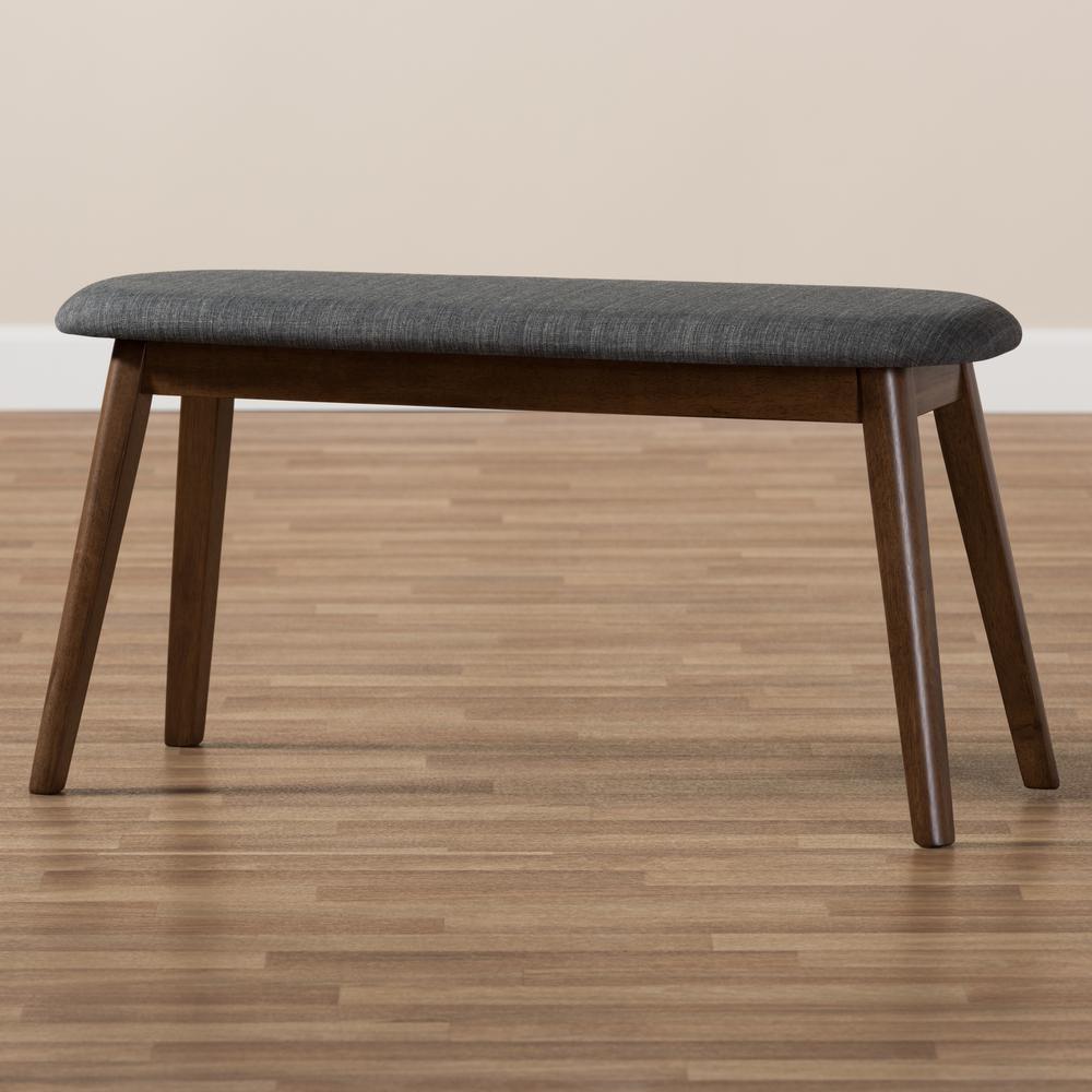 Dark Grey Fabric Upholstered Walnut Finished Wood Bench. Picture 15