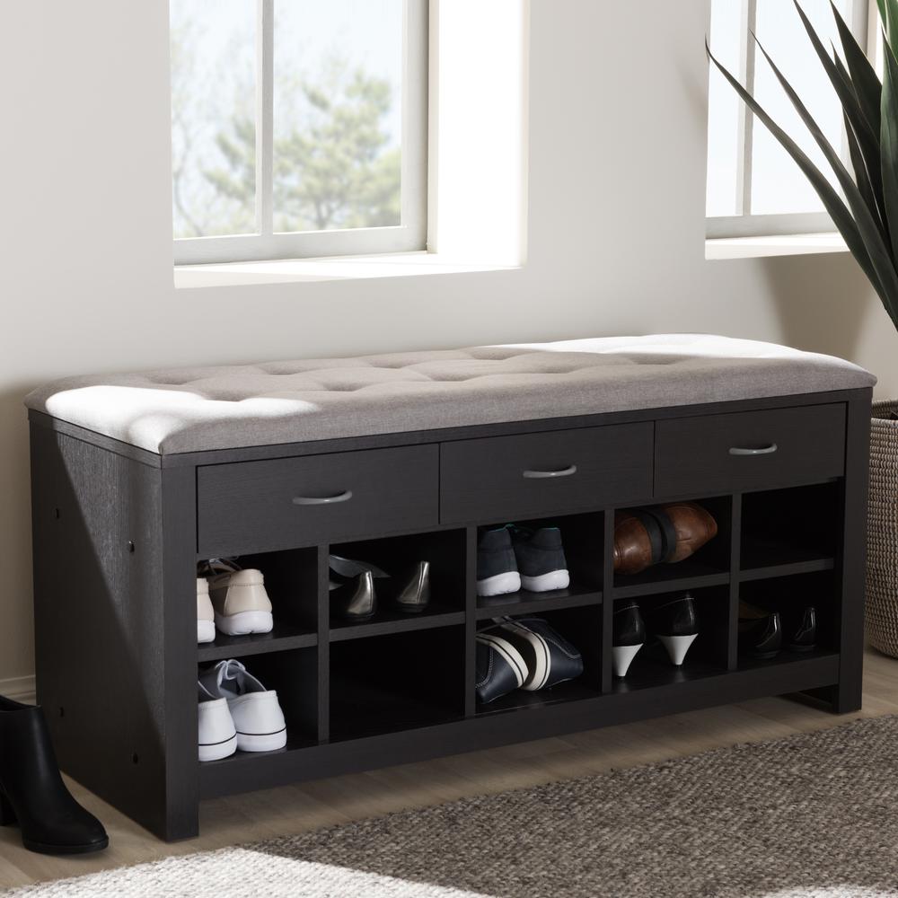 Modern and Contemporary Espresso Finished Grey Fabric Upholstered Cushioned Entryway Bench. Picture 8
