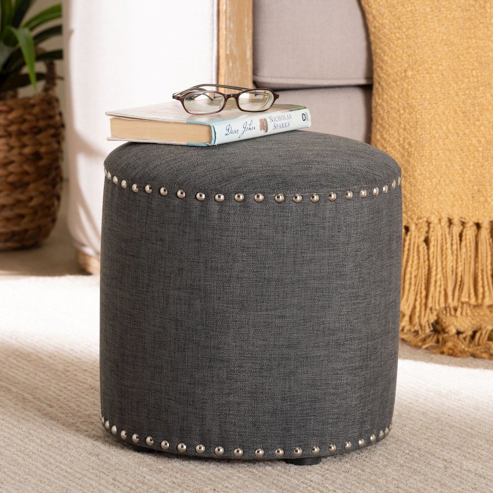 Rosine Modern and Contemporary Dark Grey Fabric Upholstered Nail Trim Ottoman. Picture 7