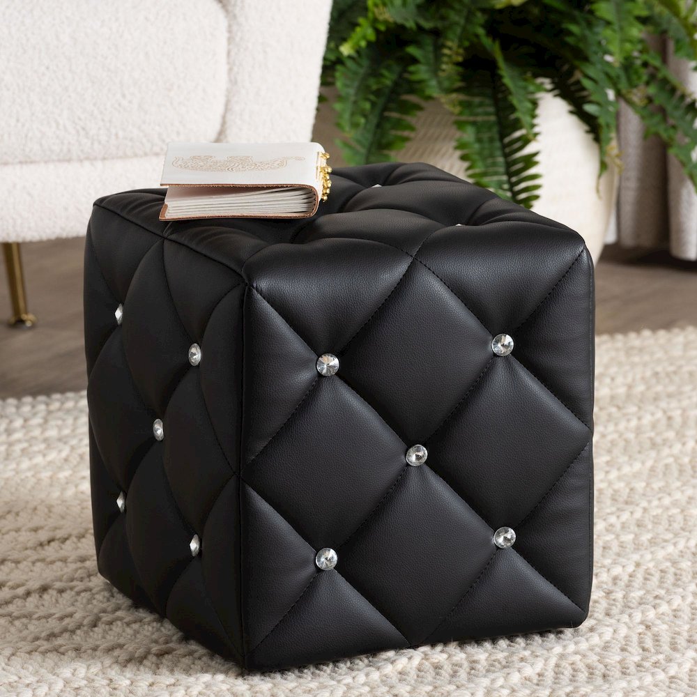 Stacey Modern and Contemporary Black Faux Leather Upholstered Ottoman. Picture 6