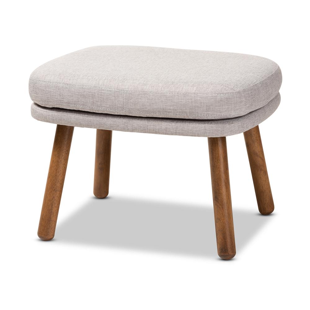 Greyish Beige Fabric Upholstered Walnut Brown Finished Wood Ottoman. Picture 8
