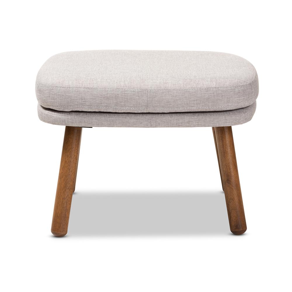 Greyish Beige Fabric Upholstered Walnut Brown Finished Wood Ottoman. Picture 9