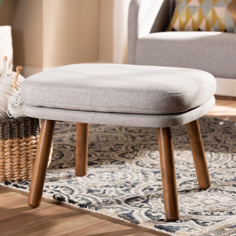 Greyish Beige Fabric Upholstered Walnut Brown Finished Wood Ottoman. Picture 12