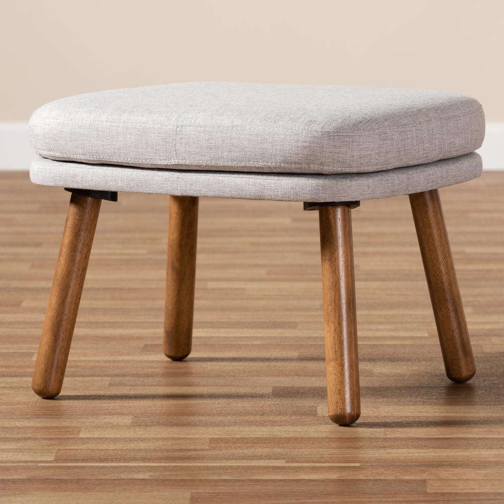 Greyish Beige Fabric Upholstered Walnut Brown Finished Wood Ottoman. Picture 13