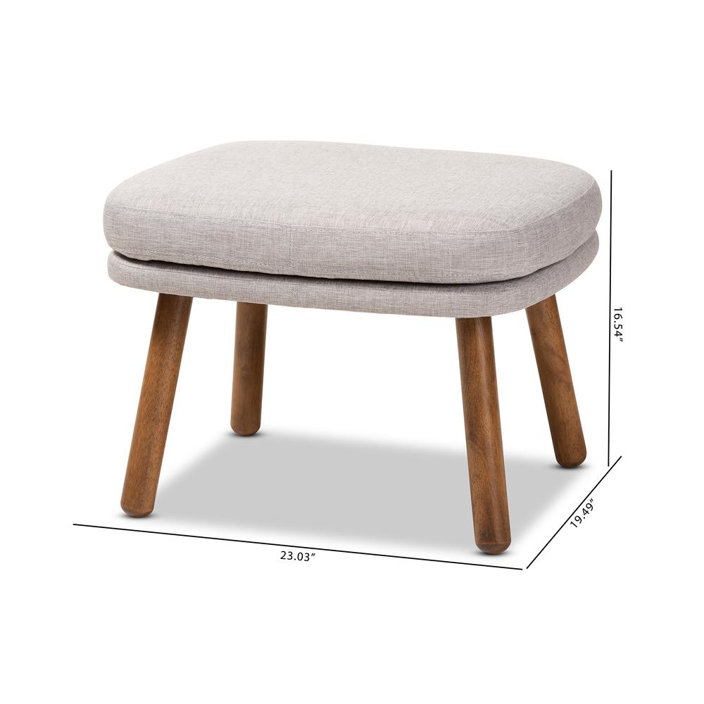Greyish Beige Fabric Upholstered Walnut Brown Finished Wood Ottoman. Picture 14