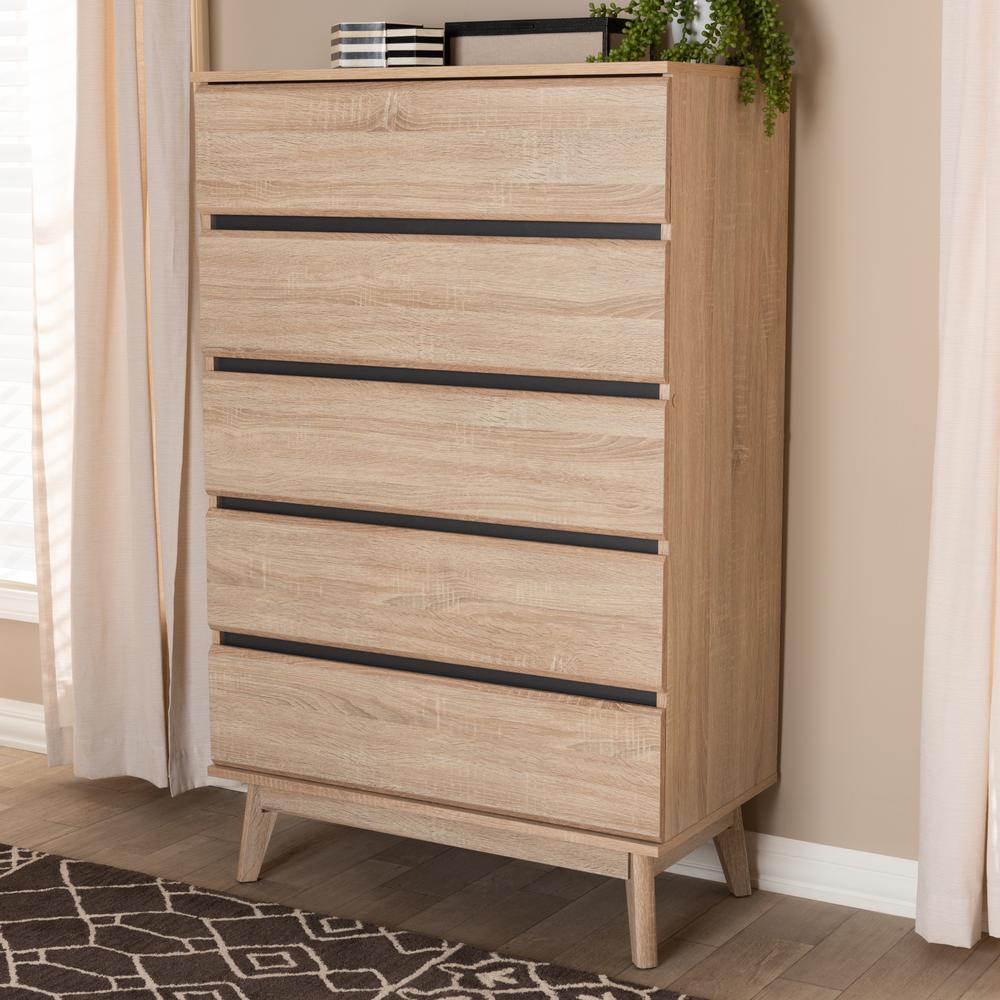 Miren Mid-Century Modern Light Oak and Dark Grey 5-Drawer Chest. Picture 9