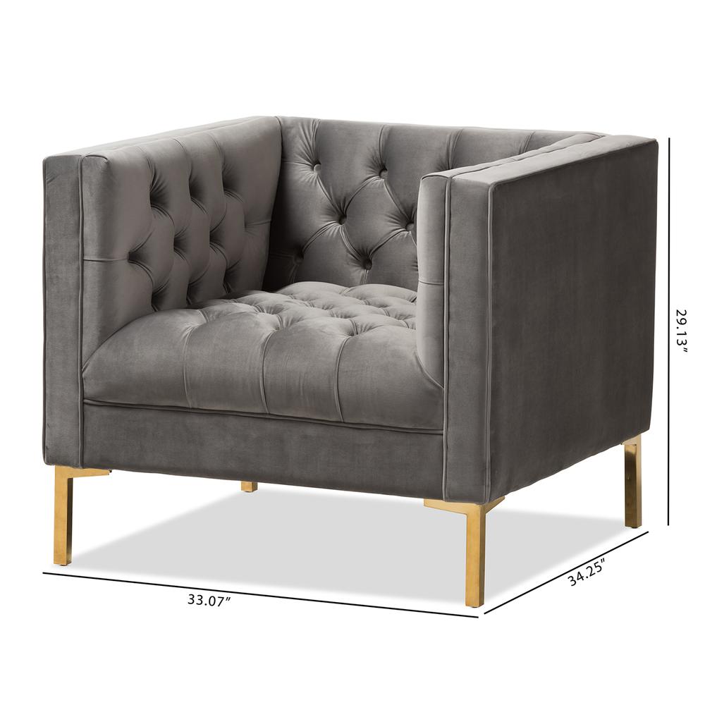 Zanetta Luxe and Glamour Grey Velvet Upholstered Gold Finished Lounge Chair. Picture 18
