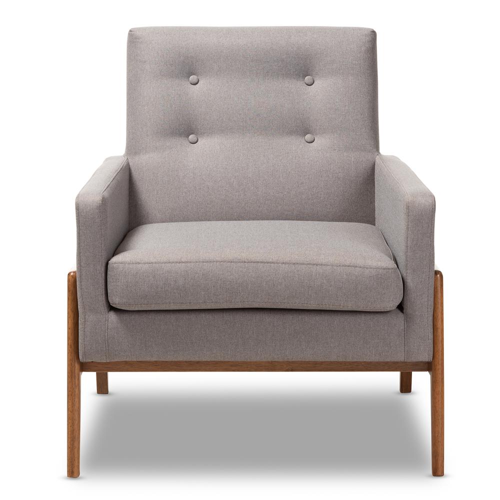 Perris Mid-Century Modern Grey Fabric Upholstered Walnut Wood Lounge Chair. Picture 10