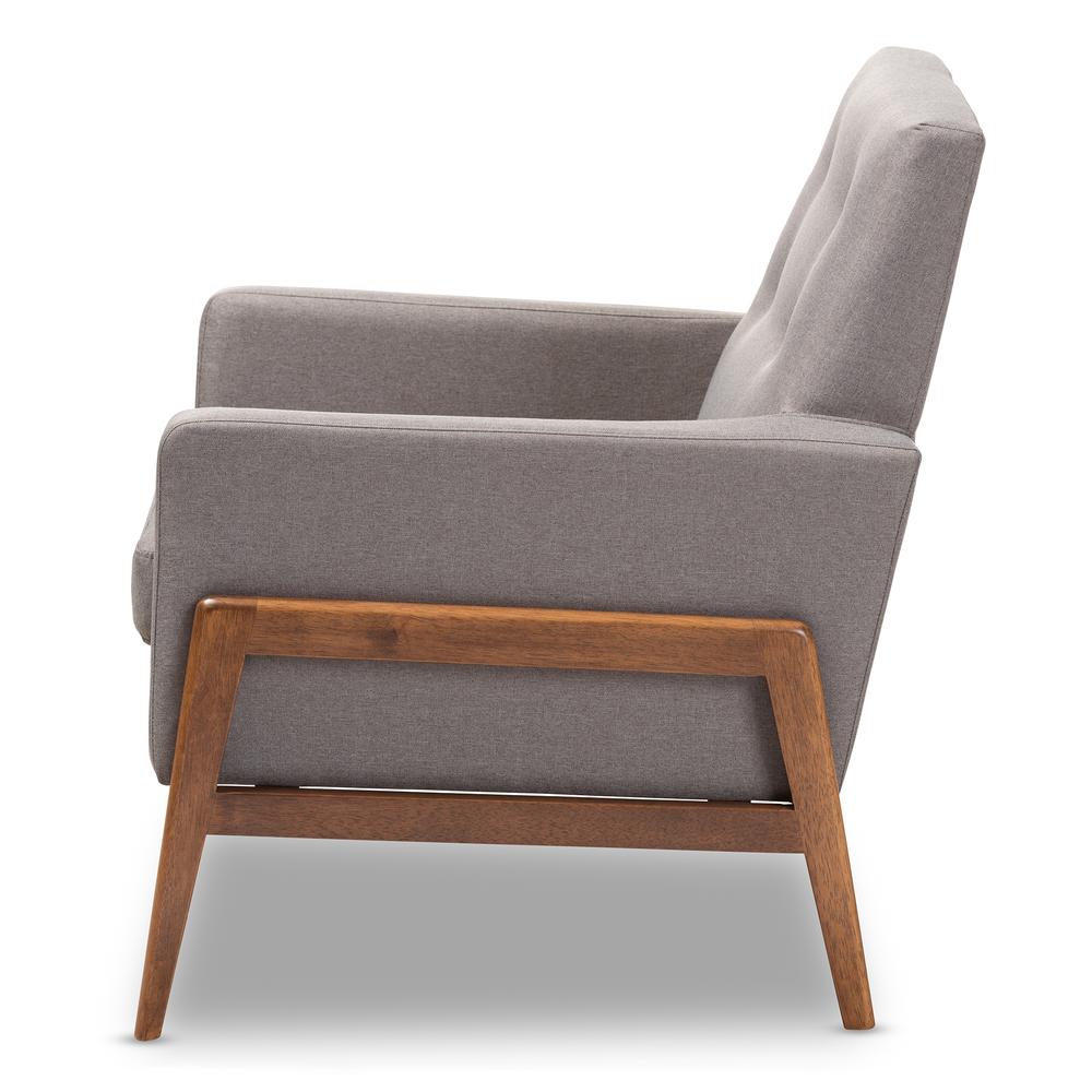 Perris Mid-Century Modern Grey Fabric Upholstered Walnut Wood Lounge Chair. Picture 11